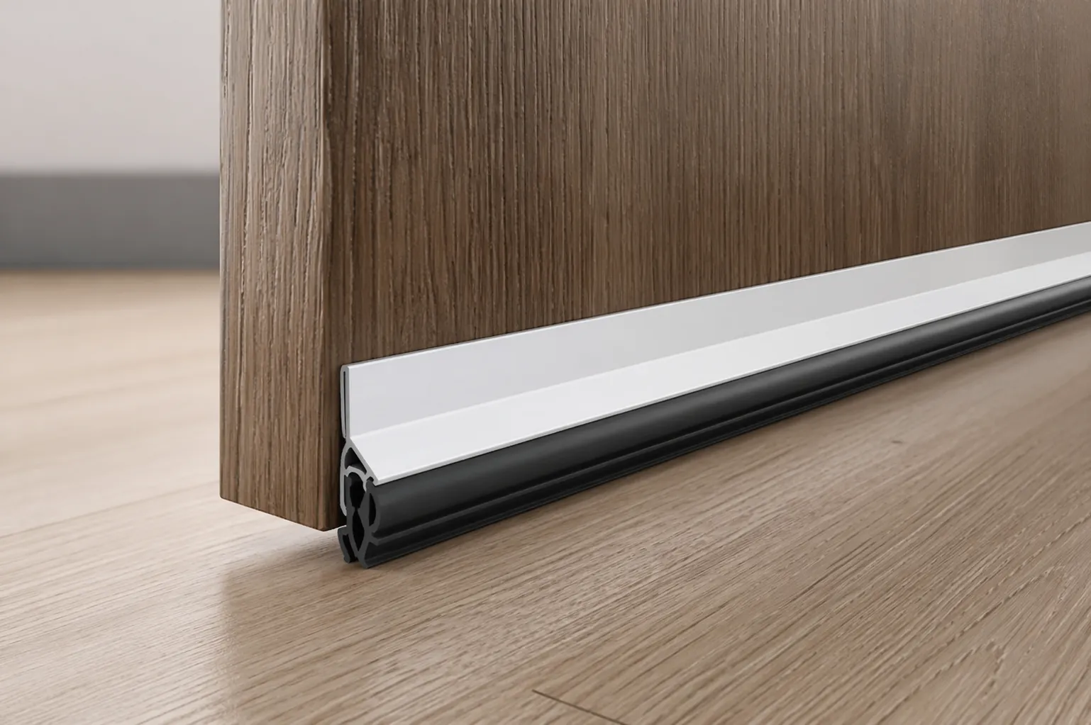 Close-up van een deur met een tochtstrip voor isolatie tegen koude lucht en stof.