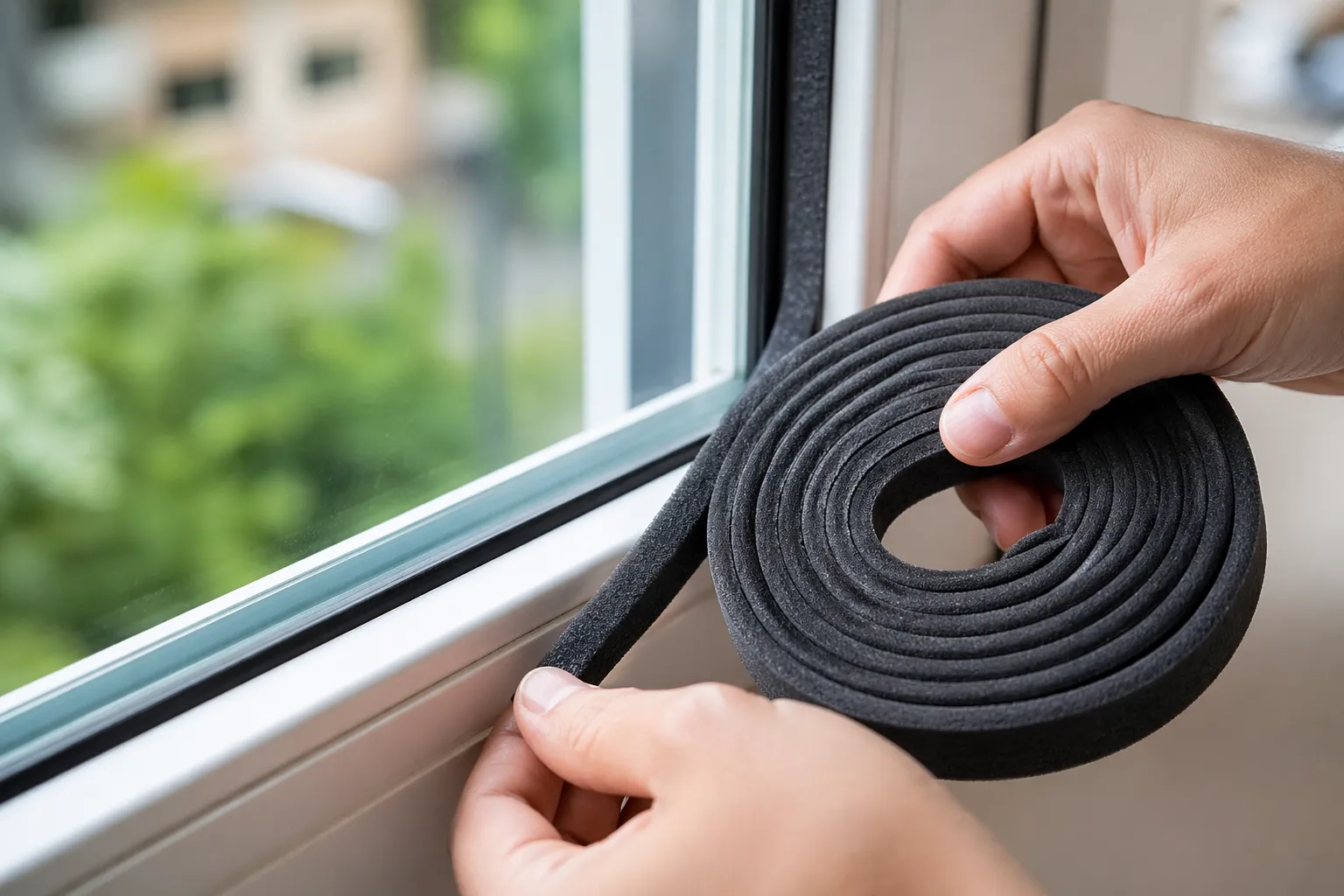 Zelfklevende tochtstrip om kieren bij het raam te dichten en energieverlies te verminderen.