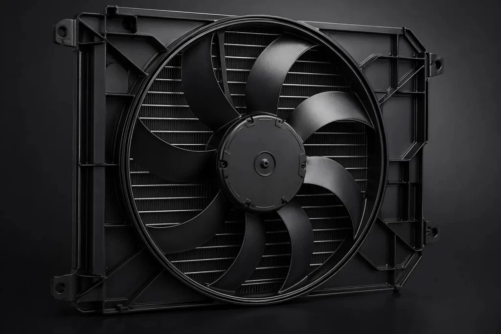 Compacte radiatorventilator die warme lucht efficiënt door de ruimte verspreidt.