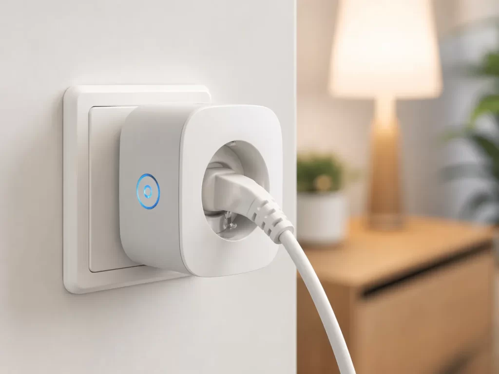 Een moderne slimme stekker die het energieverbruik van aangesloten apparaten meet en weergeeft.