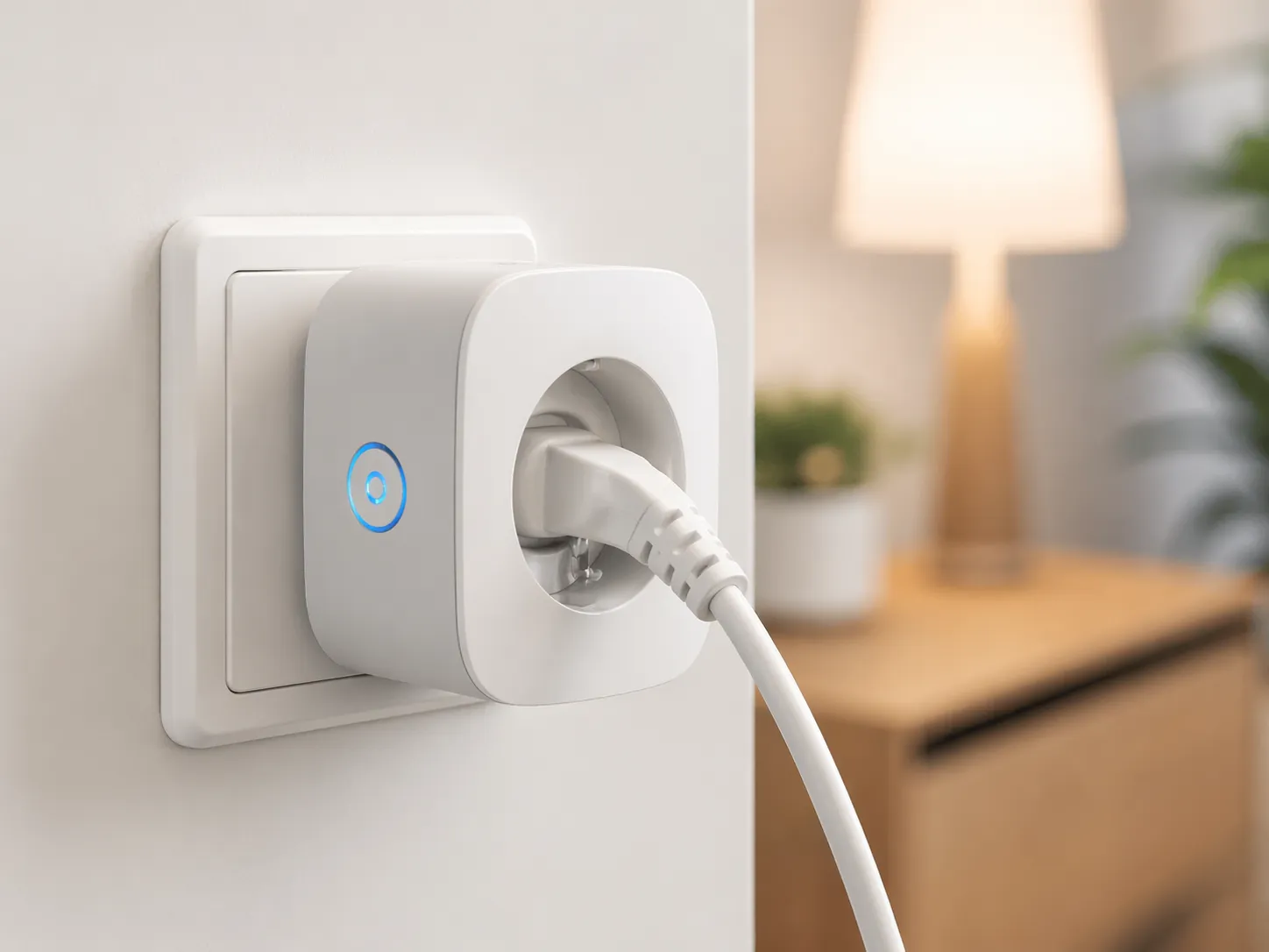 Een moderne slimme stekker die het energieverbruik van aangesloten apparaten meet en weergeeft.