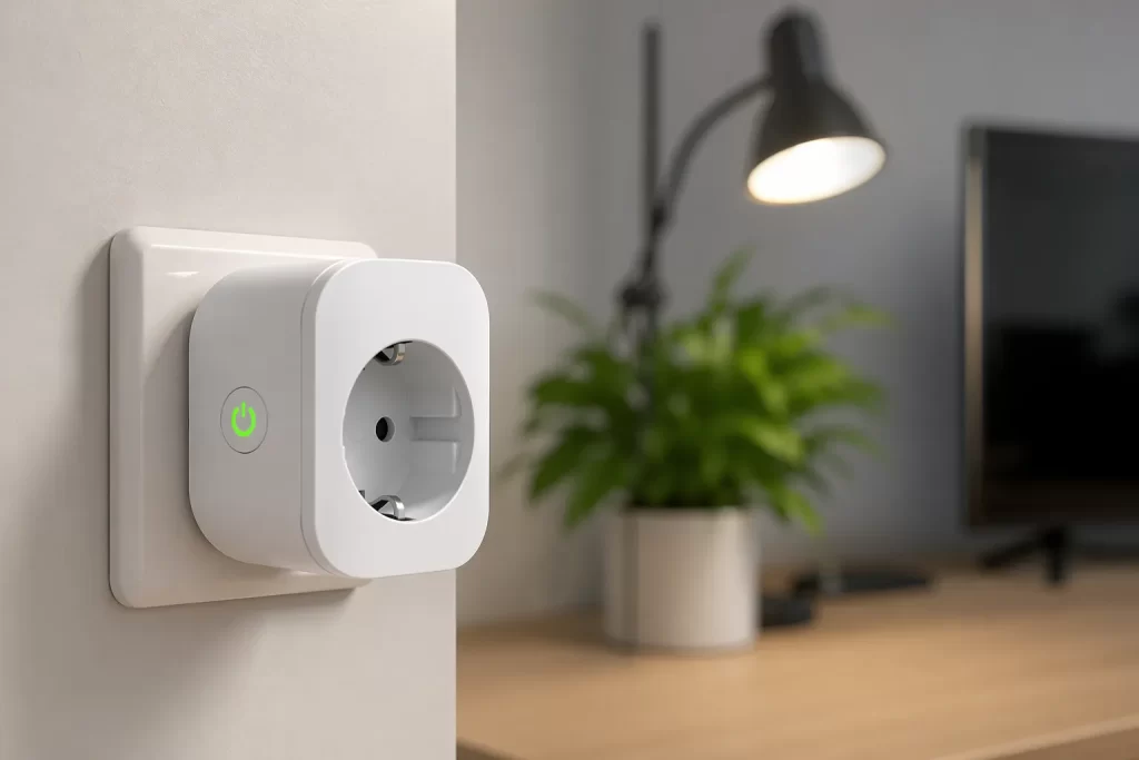 Een moderne slimme stekker die helpt om energieverbruik efficiënt te beheren in huis.