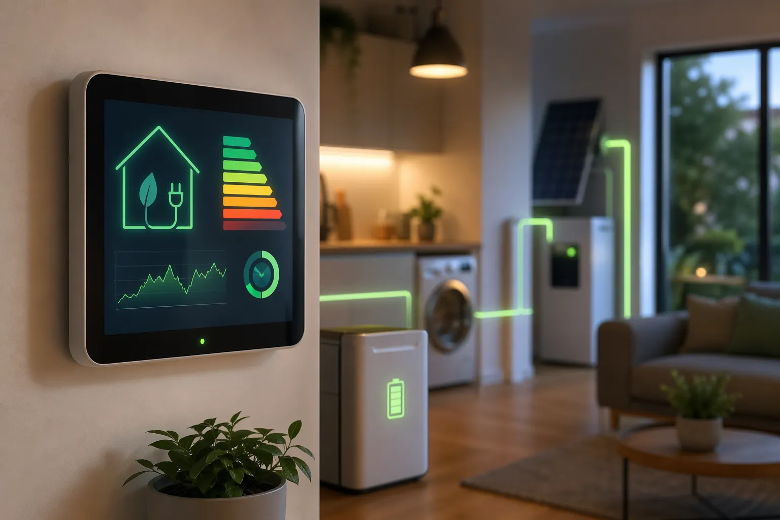 Een moderne visual van een energieverbruiksmanager voor thuis, met focus op inzicht, besparing en slim stroomgebruik.