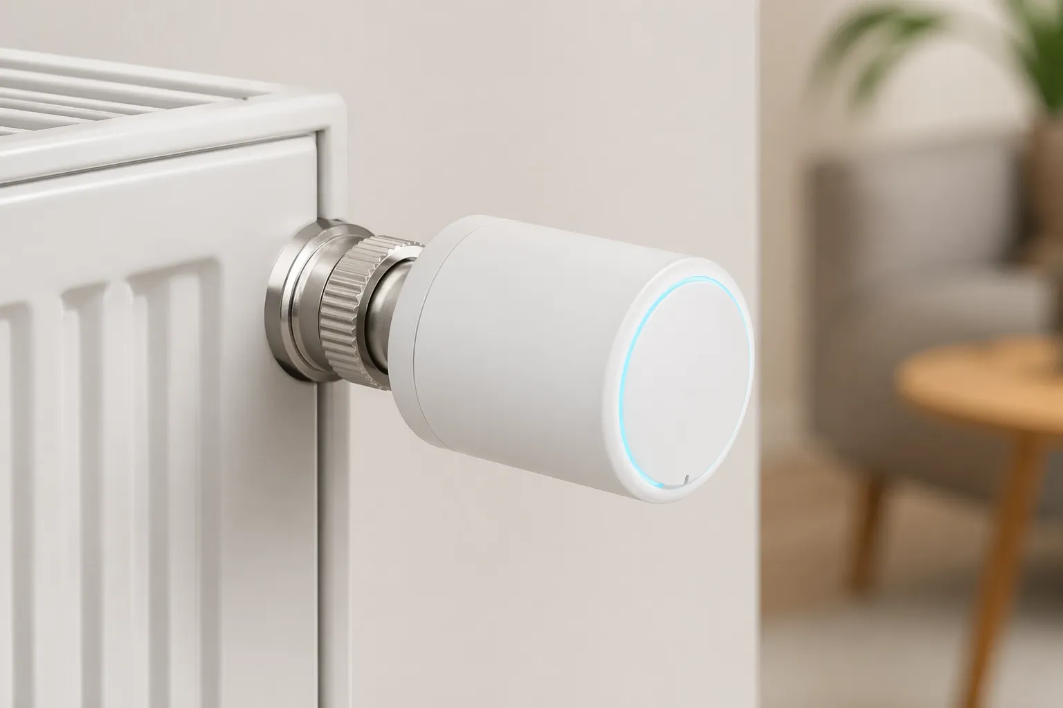 Moderne slimme radiatorknop in een strak interieur.