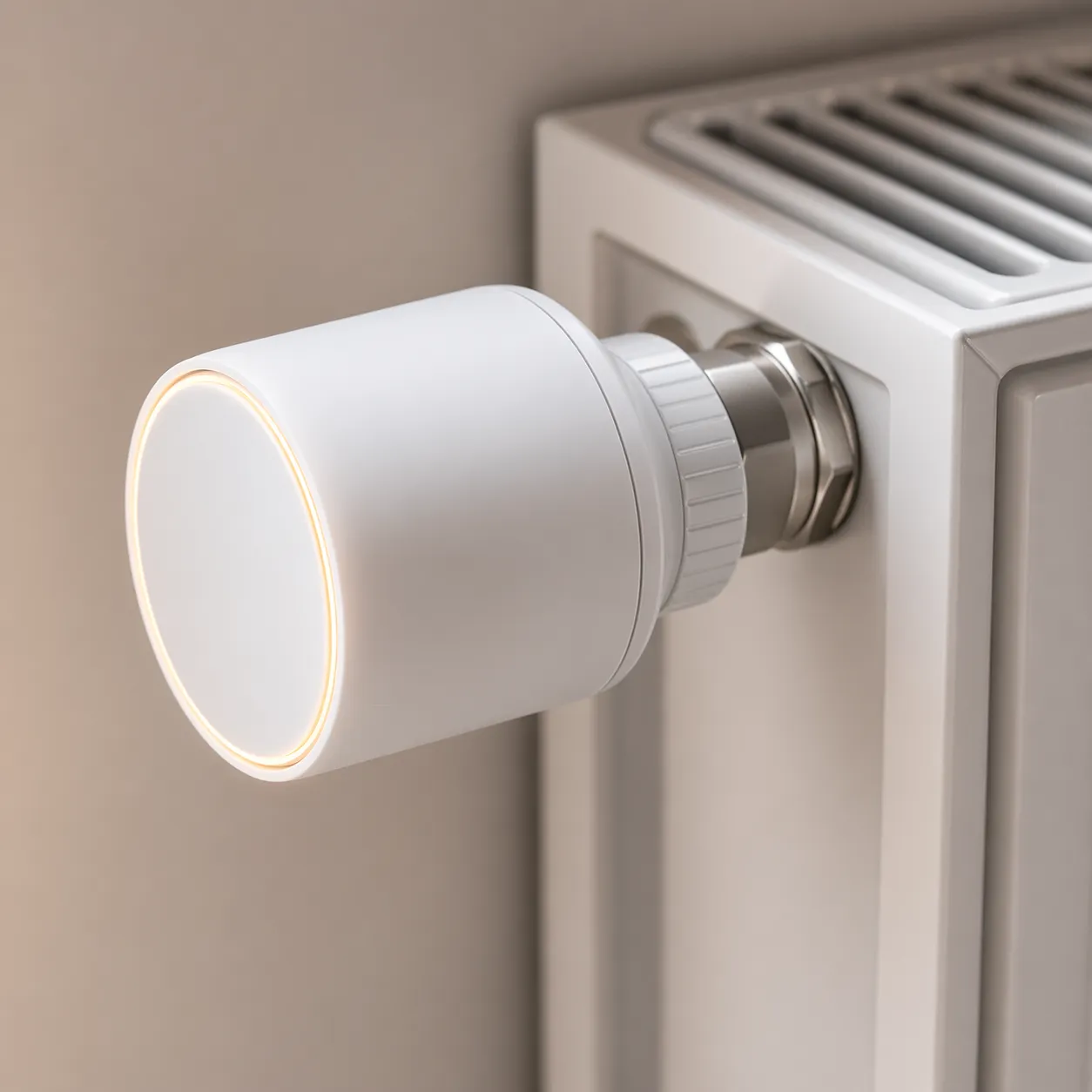 Moderne slimme radiatorknop in minimalistische stijl, strak en realistisch weergegeven.