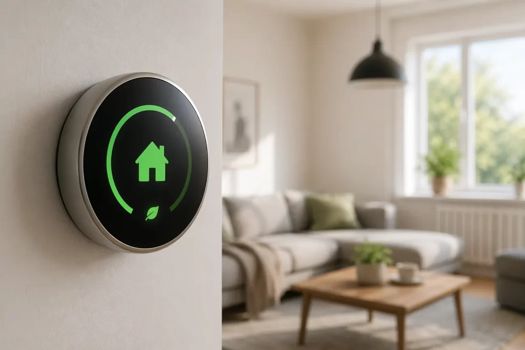 Een moderne slimme thermostaat die comfort en energiebesparing in huis laat zien.