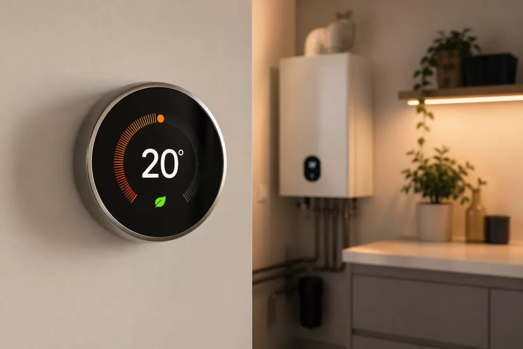 Moderne slimme thermostaat in een stijlvol interieur, ontworpen voor een goede samenwerking met de cv-ketel.