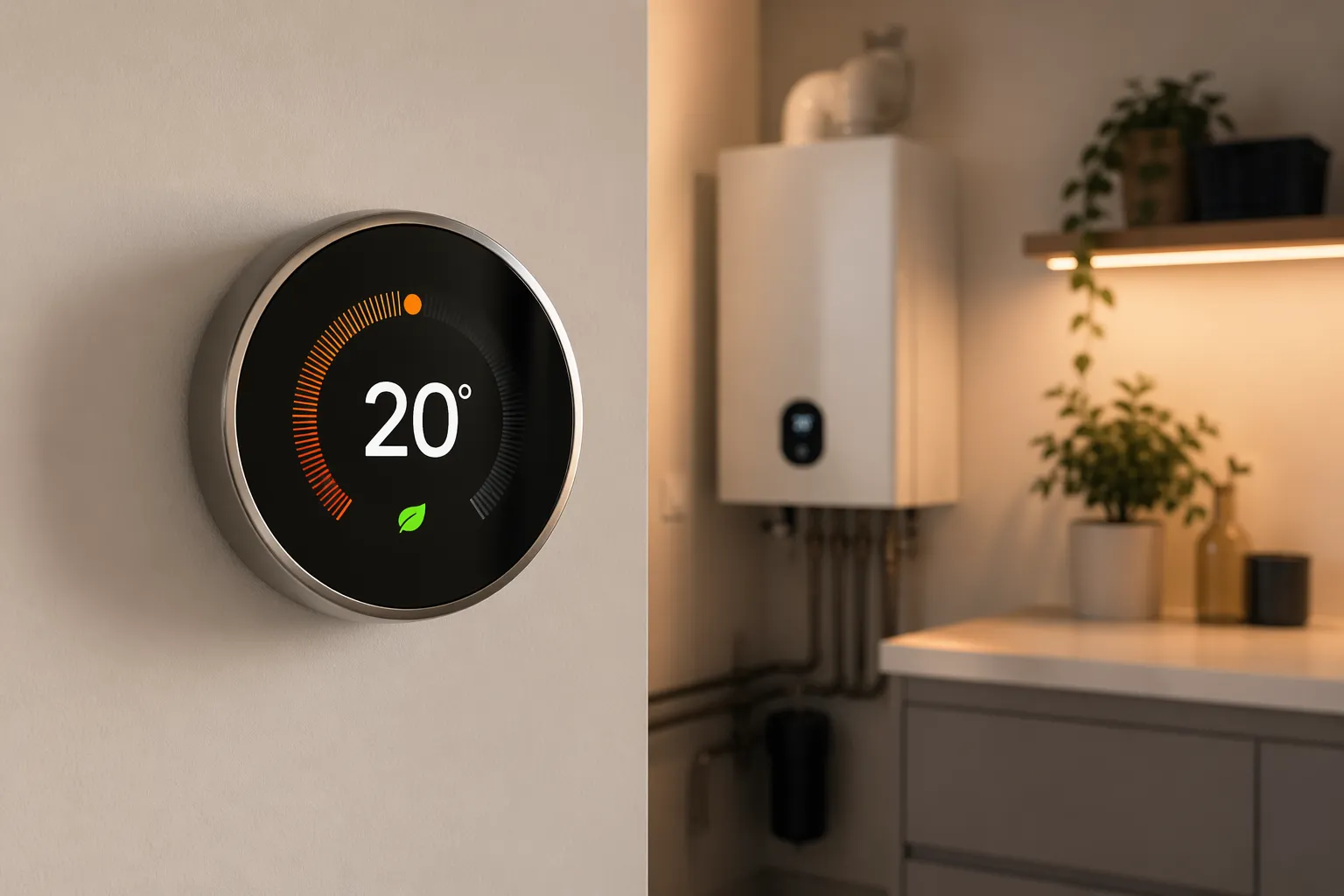 Moderne slimme thermostaat in een stijlvol interieur, ontworpen voor een goede samenwerking met de cv-ketel.