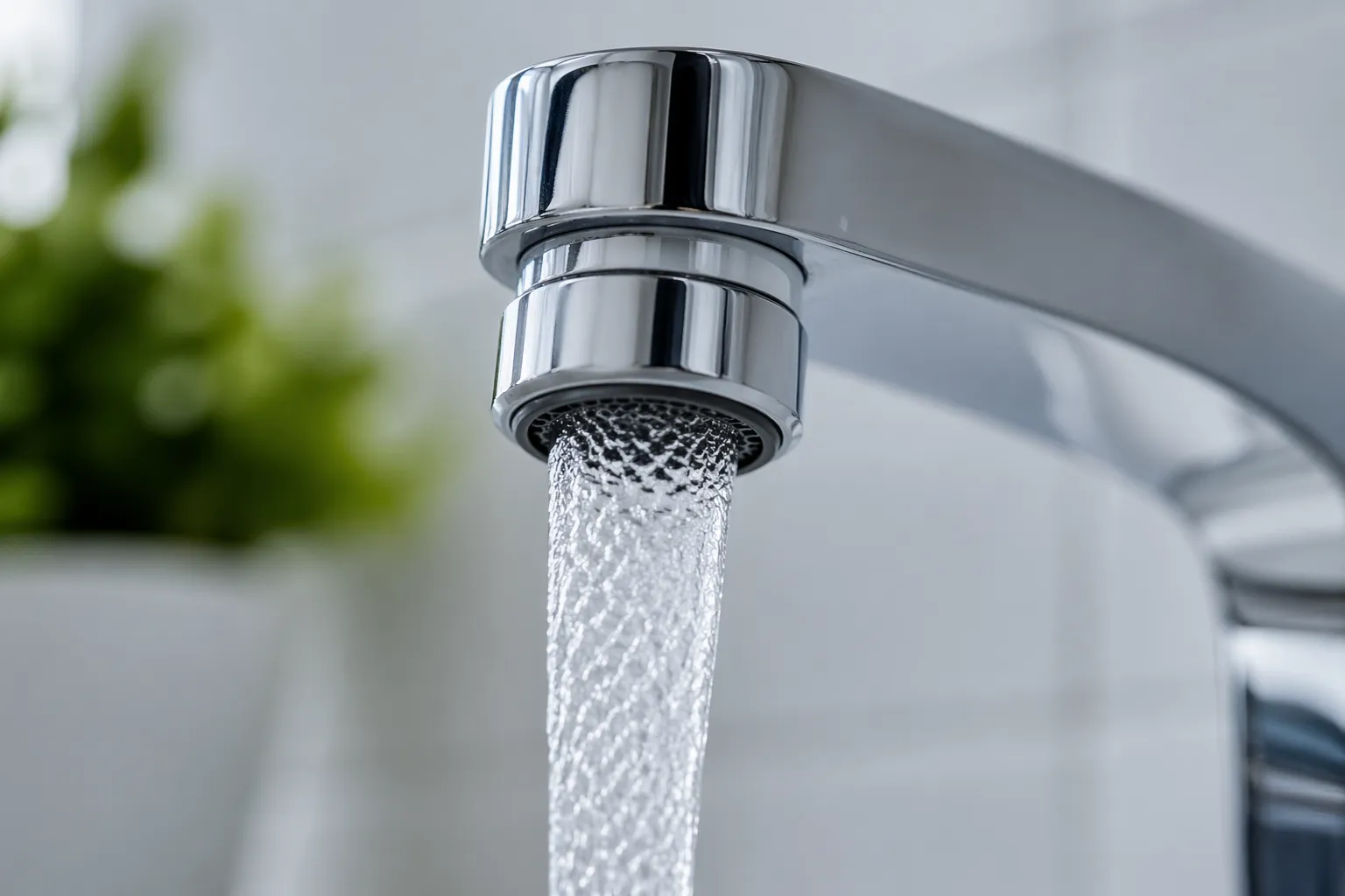 Close-up van een moderne kraan met perlator die een zachte, waterbesparende straal geeft.