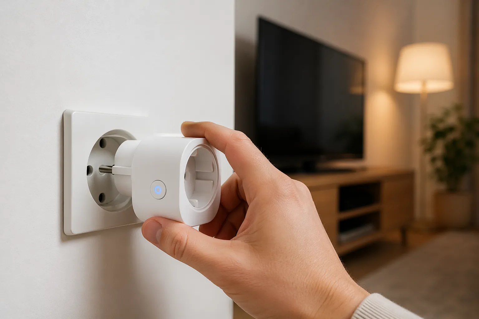 Een slimme energiebesparende stekker in een modern interieur, geschikt voor apparaten met sluipverbruik.