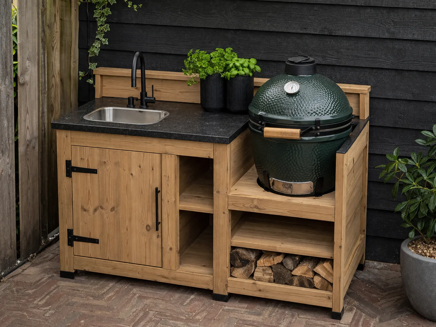 Compacte buitenkeuken van douglashout met barbecue, spoelbak en werkblad.