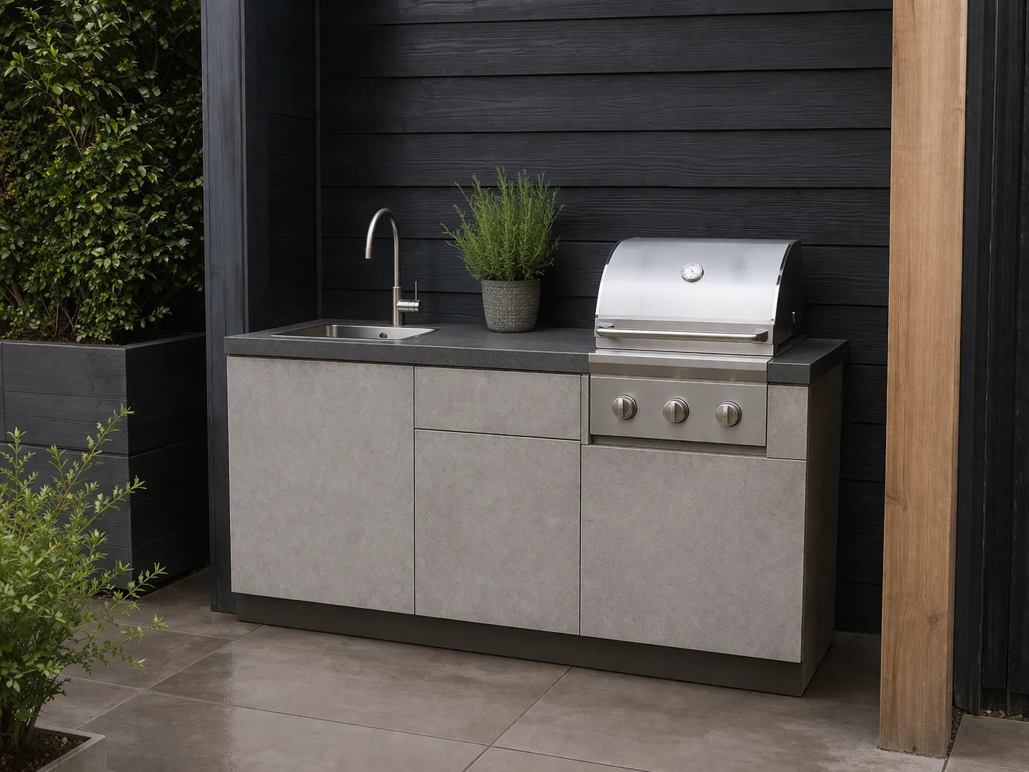 Compacte moderne buitenkeuken met weerbestendige materialen en een strakke, onderhoudsarme afwerking.