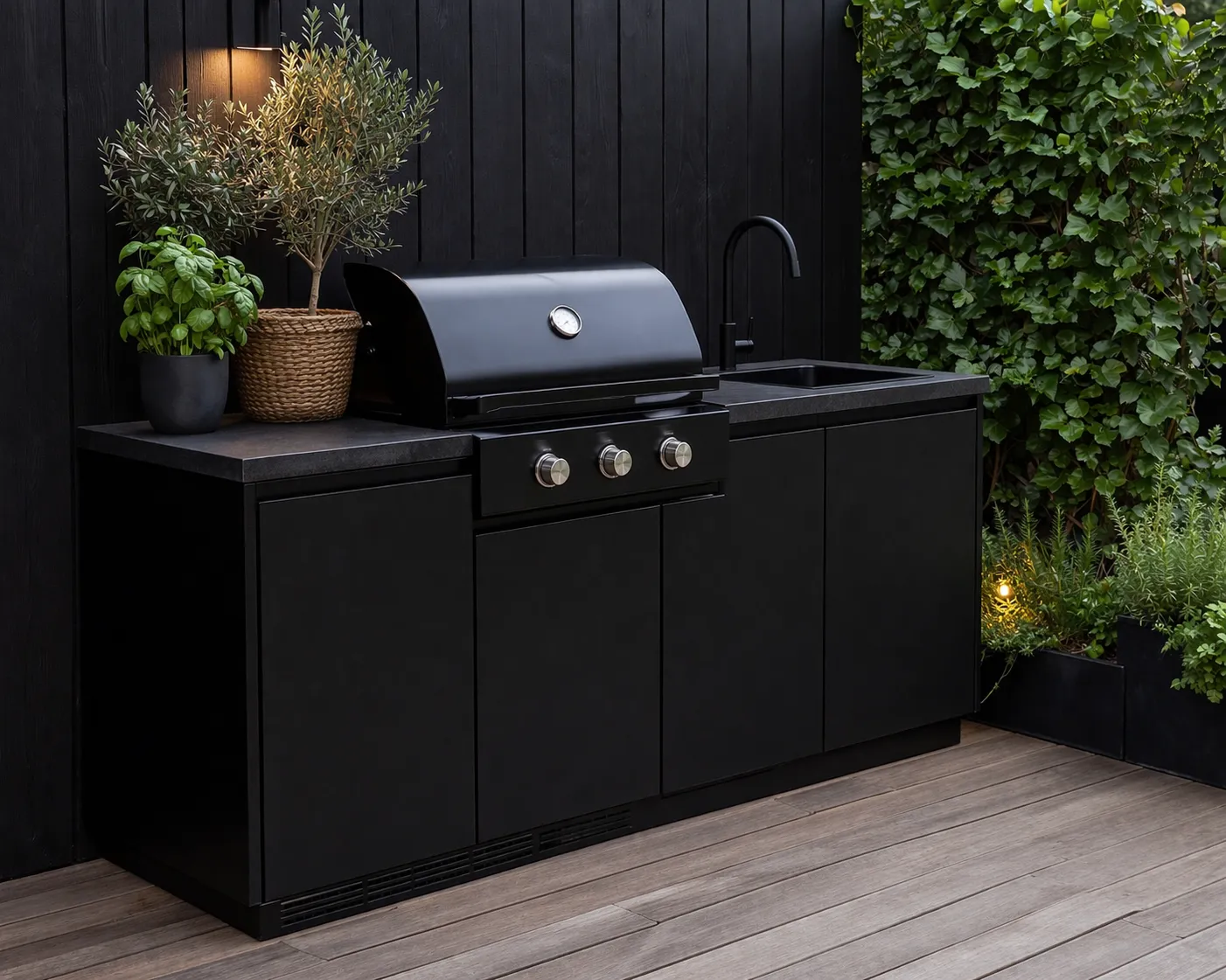 Compacte, moderne buitenkeuken in zwart met grill en spoelbak. Stijlvol en perfect voor een kleine tuin of terras.