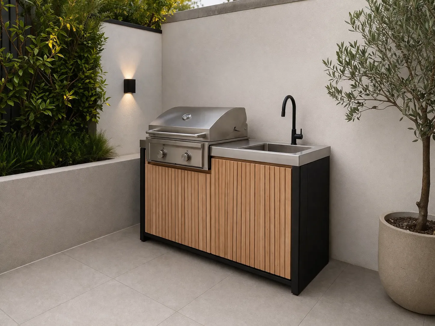 Compacte, moderne buitenkeuken met strakke lijnen, houten accenten en een rustige luxe uitstraling.