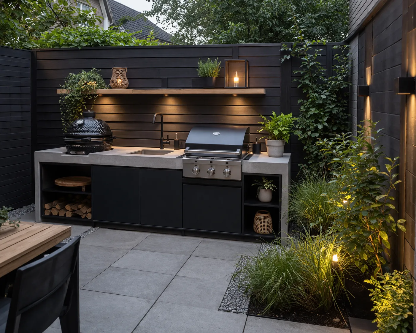 Strakke, sfeervolle buitenkeuken met compacte indeling, donkere accenten en veel groen.