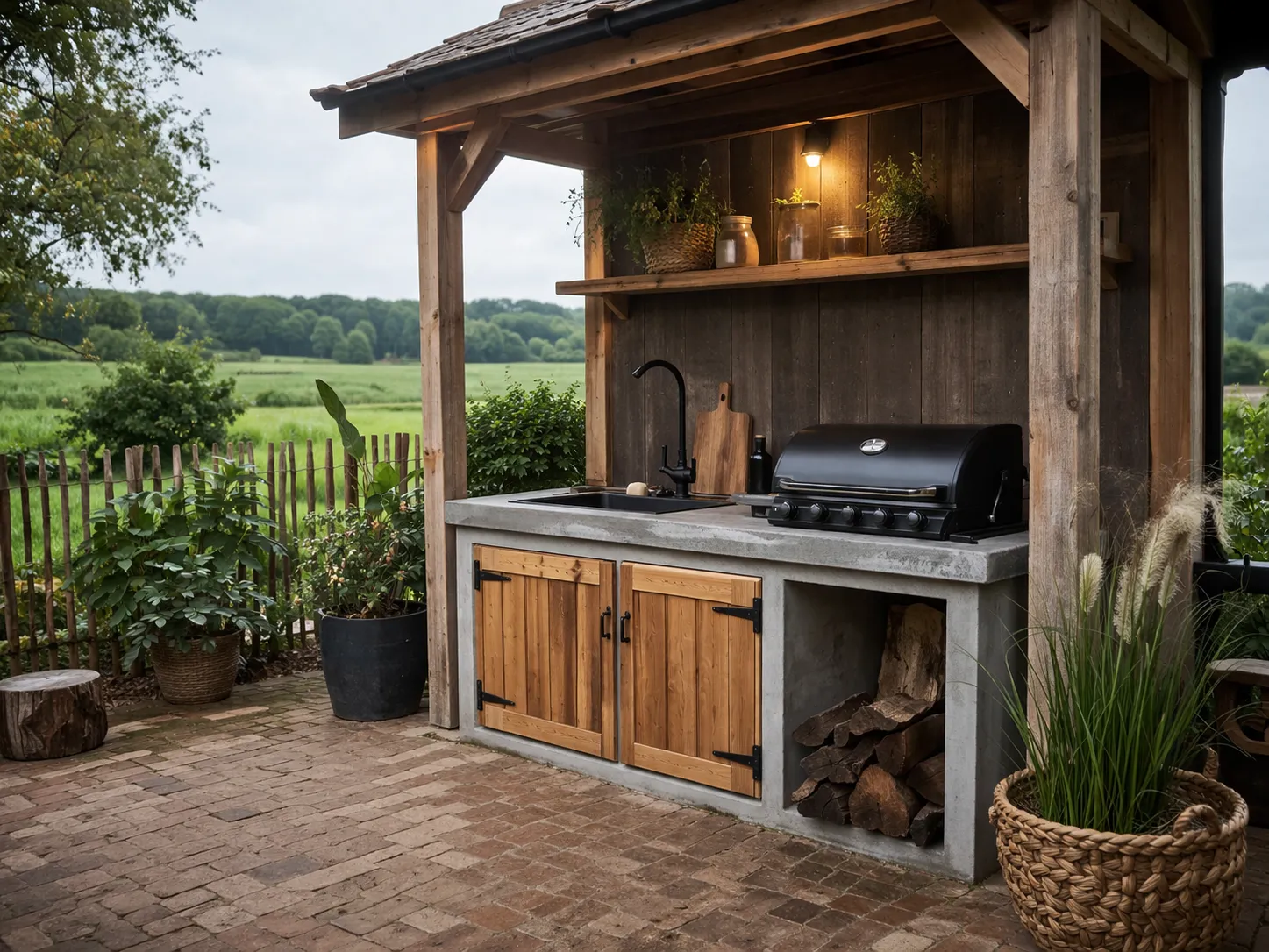 Compacte buitenkeuken in landelijke stijl met hout, betonnen werkblad en een rustige, natuurlijke sfeer.